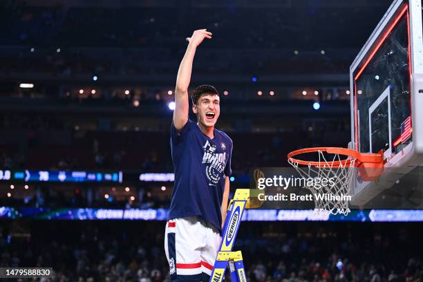 Yarin Hasson of the Connecticut Huskies celebrates after defeating the San Diego State Aztecs to win the NCAA Men's Basketball Tournament National...