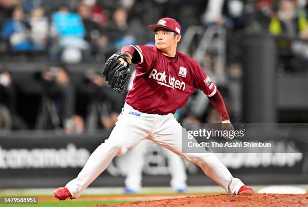 Yuki Matsui of the Tohoku Rakuten Golden Eagles throws in the ninth inning against Hokkaido Nippon-Ham Fighters at ES CON Field Hokkaido on March 30,...