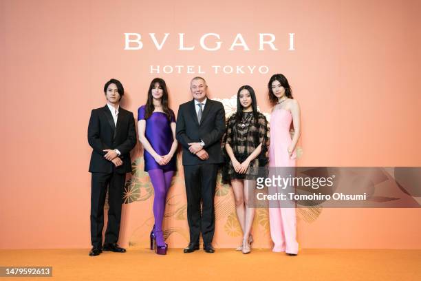 Bvlgari Group CEO Jean-Christophe Babin poses with Bvlgari ambassadors Tomohisa Yamashita , Anne Hathaway , Koki and Hikari Mori during a press...