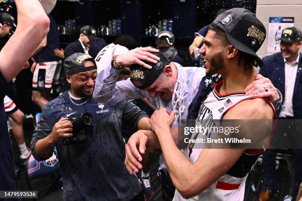 Head coach Dan Hurley of the Connecticut Huskies celebrates after defeating the San Diego State Aztecs to win the NCAA Men's Basketball Tournament...