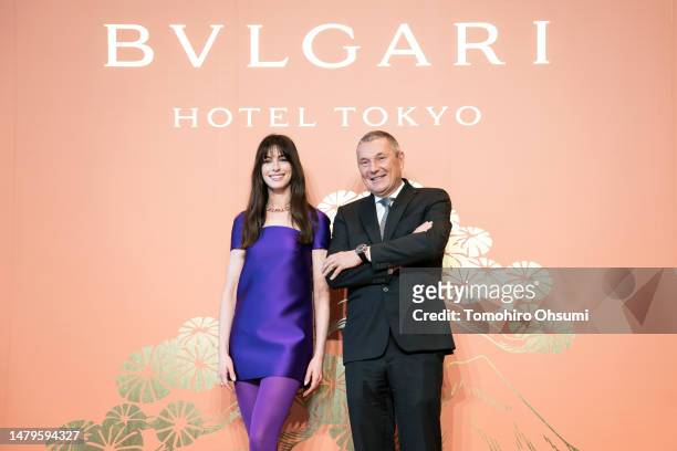 Actress and Bvlgari global ambassador Anne Hathaway and Bvlgari Group CEO Jean-Christophe Babin during a press conference for the opening of Bvlgari...