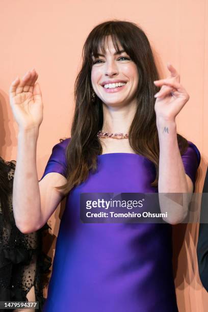 Actress and Bvlgari global ambassador Anne Hathaway attends a press conference for the opening of Bvlgari Hotel Tokyo in the Tokyo Midtown Yaesu...