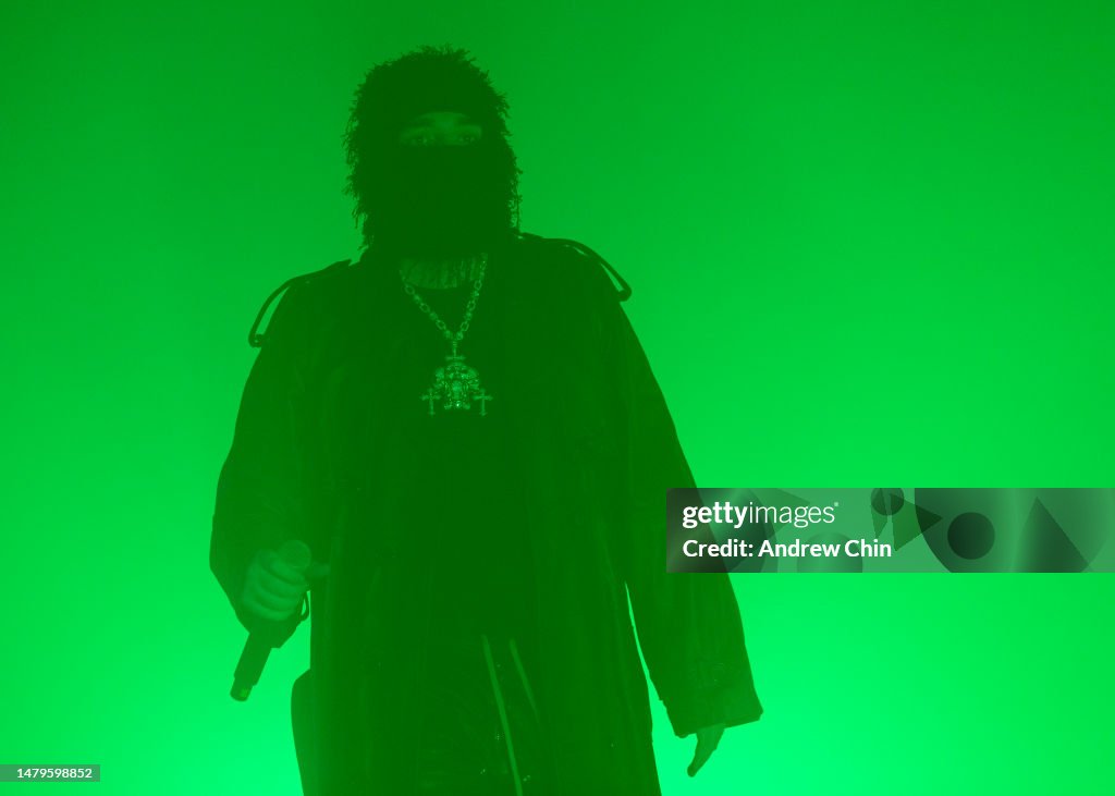 American rapper Yeat performs on stage at PNE Forum on April 03, 2023 ...