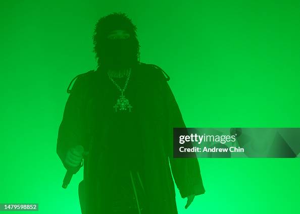 American rapper Yeat performs on stage at PNE Forum on April 03, 2023 ...