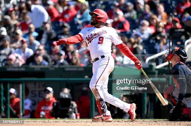 Jeimer Candelario of the Washington Nationals bats against the Atlanta Braves at Nationals Park on April 02, 2023 in Washington, DC.