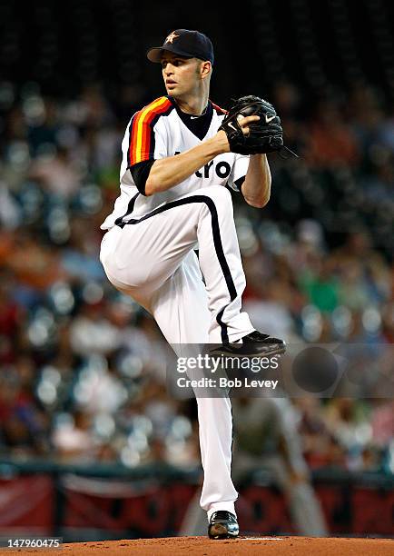 Happ of the Houston Astros pitches against the Milwaukee Brewers on July 6, 2012 at Minute Maid Park in Houston, Texas.