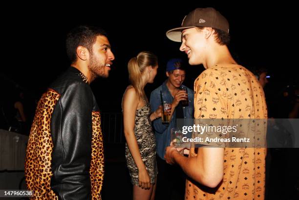 Noah Becker, Laura Zurbriggen and Jimmy Blue Ochsenknecht talk during the Michalsky Style Nite 2012 Show at the Mercedes-Benz Fashion Week...