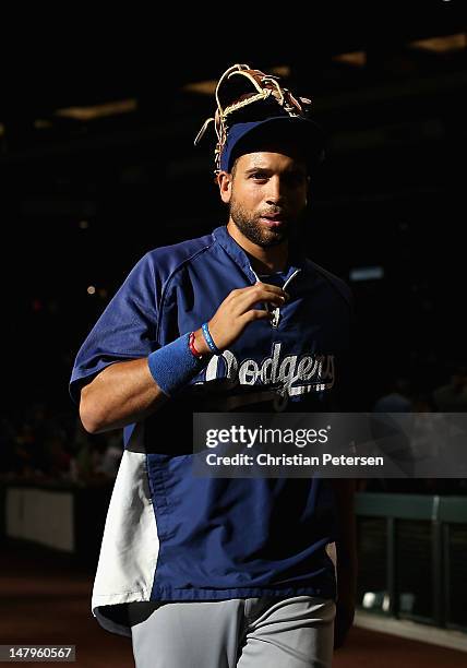 James Loney of the Los Angeles Dodgers walks off the field after batting practice before the MLB game against the Arizona Diamondbacks at Chase Field...