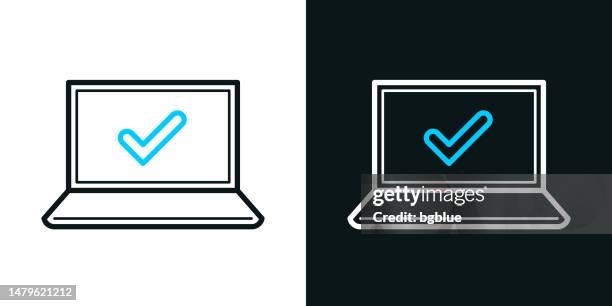 laptop with check mark. bicolor line icon on black or white background - editable stroke - behind computer screen stock illustrations