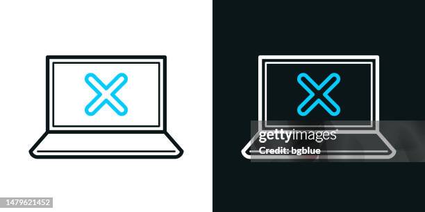 laptop with cross mark. bicolor line icon on black or white background - editable stroke - error screen stock illustrations