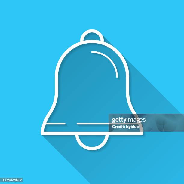illustrazioni stock, clip art, cartoni animati e icone di tendenza di campana. icona su sfondo blu - design piatto con ombra lunga - campanile orologio