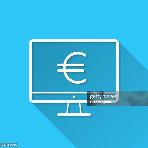 stockillustraties, clipart, cartoons en iconen met desktop computer with euro sign. icon on blue background - flat design with long shadow - long term investment