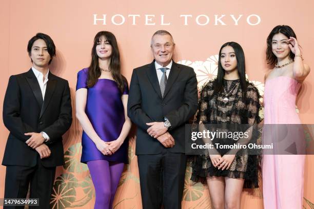 Bvlgari Group CEO Jean-Christophe Babin poses with Bvlgari ambassadors Tomohisa Yamashita , Anne Hathaway , Koki and Hikari Mori during a press...