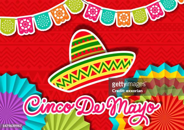cinco de mayo paper fan & sombrero - mexican bunting stock illustrations