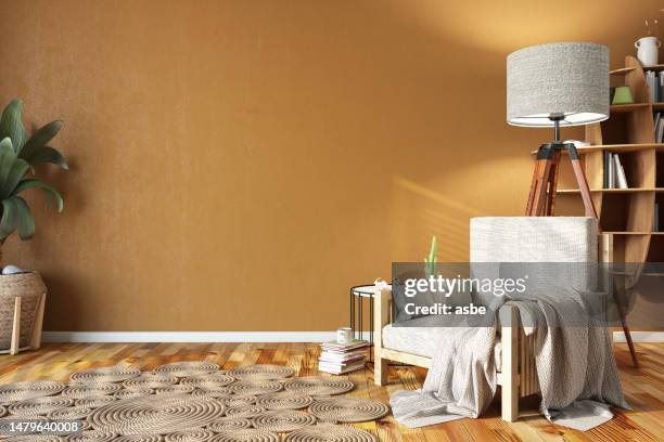 interior with armchair and coffee table - terracottaleger stockfoto's en -beelden
