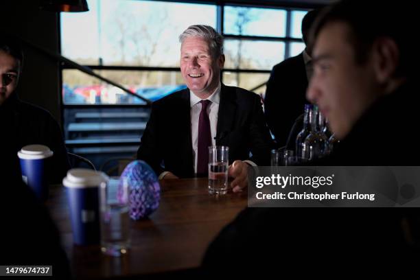 Labour leader Keir Starmer talks to students during a visit to Burnley College in East Lancashire on April 04, 2023 in Burnley, England. During the...