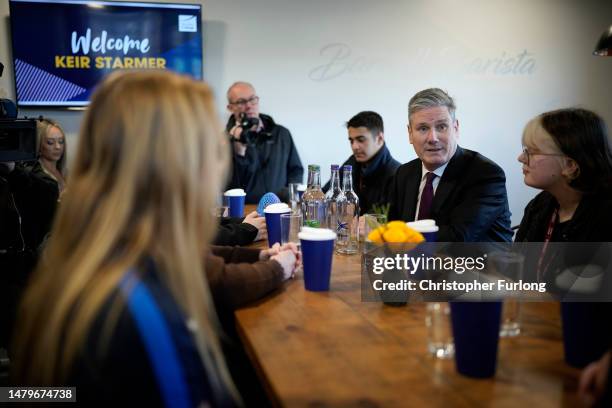 Labour leader Keir Starmer talks to students during a visit to Burnley College in East Lancashire on April 04, 2023 in Burnley, England. During the...