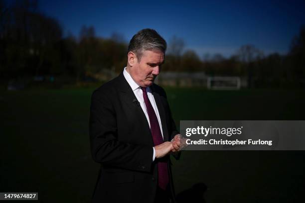 Labour leader Keir Starmer talks to the media during a visit to Burnley College in East Lancashire on April 04, 2023 in Burnley, England. During the...