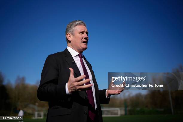 Labour leader Keir Starmer talks to the media during a visit to Burnley College in East Lancashire on April 04, 2023 in Burnley, England. During the...