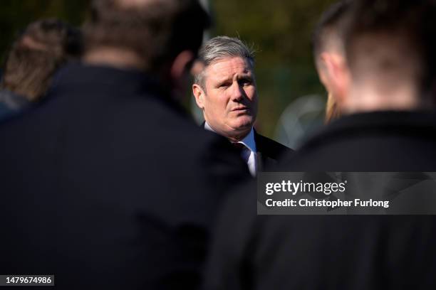 Labour leader Keir Starmer talks to the media during a visit to Burnley College in East Lancashire on April 04, 2023 in Burnley, England. During the...