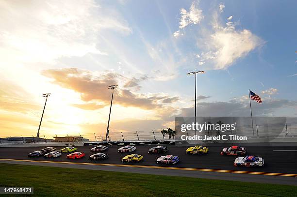 General view of cars race during the NASCAR Nationwide Series Subway Jalapeno 250 Powered by Coca-Cola at Daytona International Speedway on July 6,...