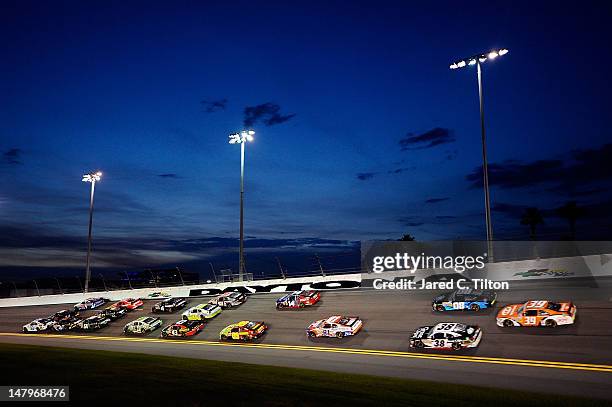 General view of cars race during the NASCAR Nationwide Series Subway Jalapeno 250 Powered by Coca-Cola at Daytona International Speedway on July 6,...