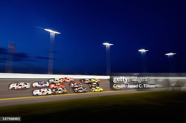 General view of cars race during the NASCAR Nationwide Series Subway Jalapeno 250 Powered by Coca-Cola at Daytona International Speedway on July 6,...