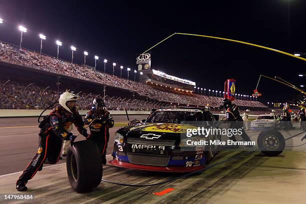 Austin Dillon, driver of the Bass Pro Shops/NRA Museum Chevrolet, pits during the NASCAR Nationwide Series Subway Jalapeno 250 Powered by Coca-Cola...