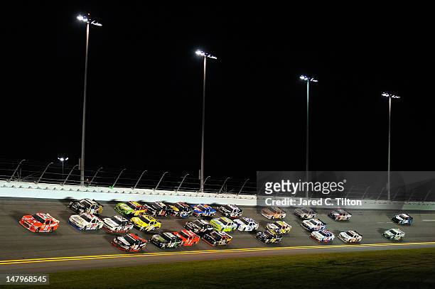 General view of cars race during the NASCAR Nationwide Series Subway Jalapeno 250 Powered by Coca-Cola at Daytona International Speedway on July 6,...