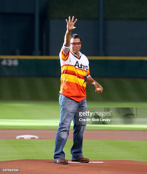 Former Houston Astro Jose Cruz throws out the ceremonial first pitch before a game between the Astros and the Milwaukee Brewers July 6, 2012 at...