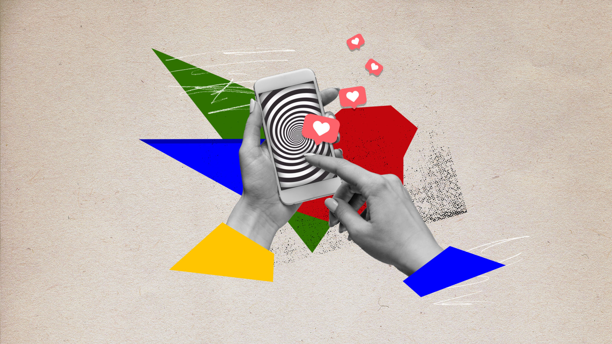 Human hands holding mobile phone with hypnotic screen. Many social media likes. Popularity and internet addiction. Contemporary art collage. Human hands holding mobile phone with hypnotic screen. Many social media likes. Popularity and internet addiction. Contemporary art collage.