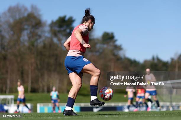 Lucy Bronze of England controls the ball during a training session at St George's Park on April 04, 2023 in Burton upon Trent, England.