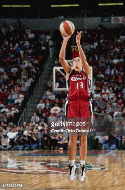 Amaya Valdemoro from Spain and Forward for the Houston Comets attempts a jump shot during the WNBA Western Conference basketball game against the...
