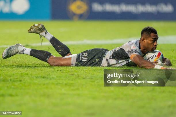 April 2: Vuiviwa Naduvalo of Fiji scores a try during the Cup Final match of Hong Kong Sevens at Hong Kong Stadium on April 2, 2023 in Hong Kong,...