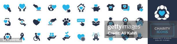 illustrations, cliparts, dessins animés et icônes de jeu d’icônes caritatives. contenant don, attention, gentillesse, bénévolat, soins aux animaux et plus solide collection d’icônes. illustration vectorielle. pour le site web, les supports marketing, la conception, le logo, l’application, le modèl - fondation caritative