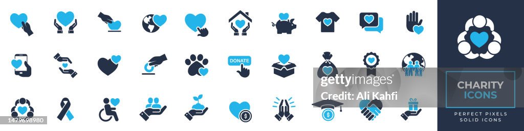 Charity icons set. Containing donate, caring, kindness, volunteer, animal care and more solid icons collection. Vector illustration. For website, marketing materials, design, logo, app, template, ui, interfaces, layouts etc.