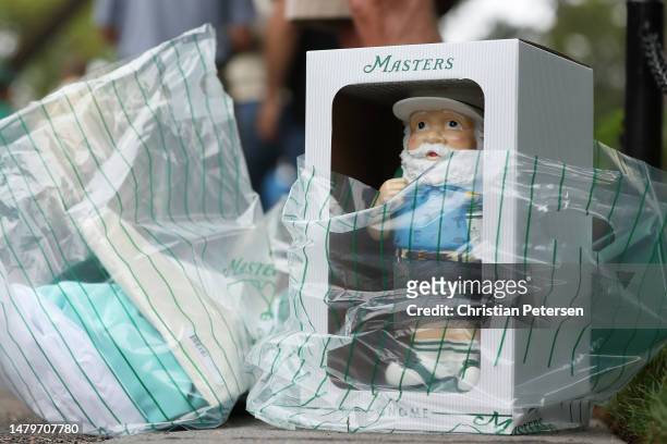 Detail view of a Masters gnome outside the golf shop during a practice round prior to the 2023 Masters Tournament at Augusta National Golf Club on...