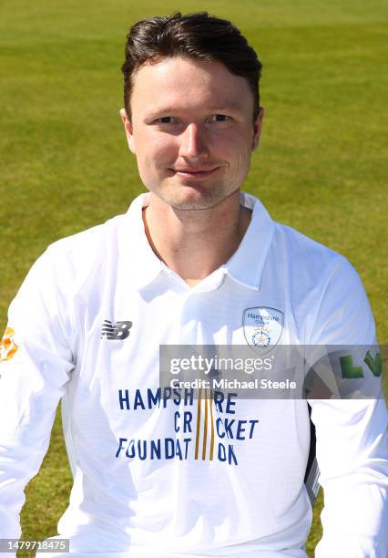 Aneurin Donald of Hampshire County Cricket Club during a media day at The Ageas Bowl on April 04, 2023 in Southampton, England.
