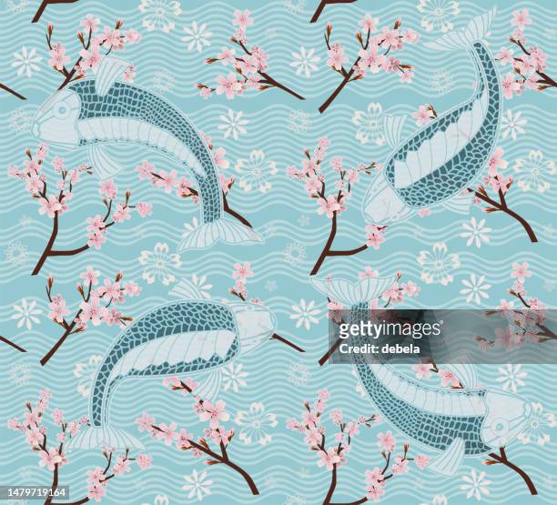 cherry blossom with gold fish. japanese sakura flower textile design on light blue background. - blossom tree stock illustrations