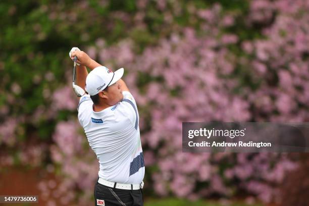 Sungjae Im of South Korea plays a shot on the 13th hole during a practice round prior to the 2023 Masters Tournament at Augusta National Golf Club on...