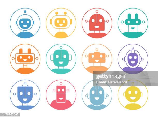 robot artificial intelligence avatar icon set. profile diverse bot faces for chatbot and social network. characters. vector stock illustration - female robot stock illustrations