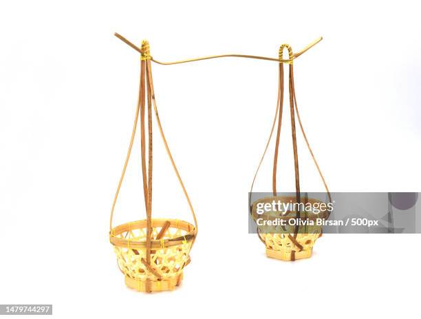 basket bamboo for carry a yoke on a shoulder pole,romania - yoke stock pictures, royalty-free photos & images