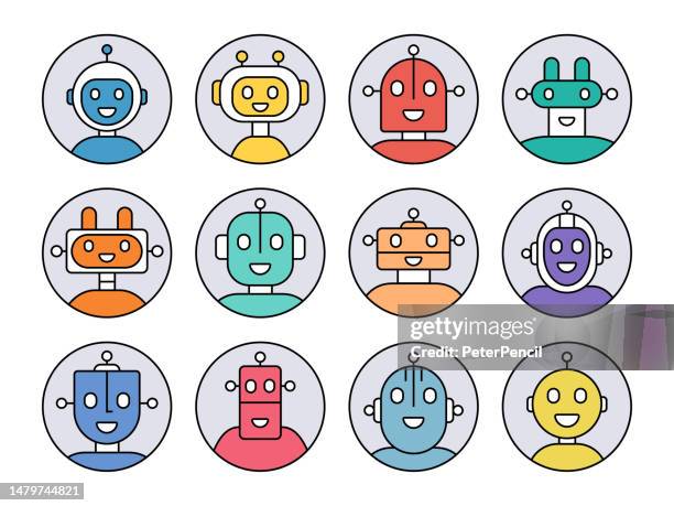 robot artificial intelligence avatar icon set. profile diverse bot faces for chatbot and social network. characters. vector stock illustration - data scientist stock illustrations