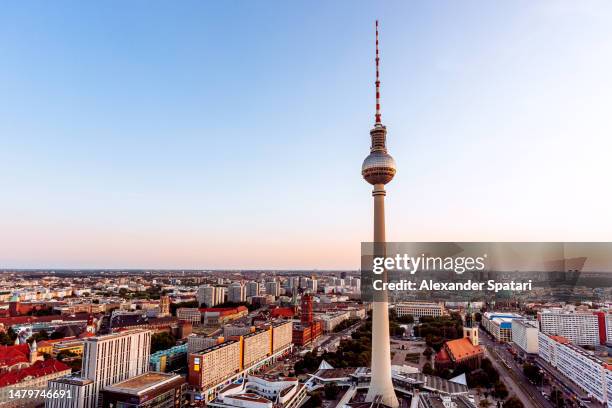 berlin tv tower and berlin skyline at sunset, aerial view, germany - berlin fernsehturm stock pictures, royalty-free photos & images