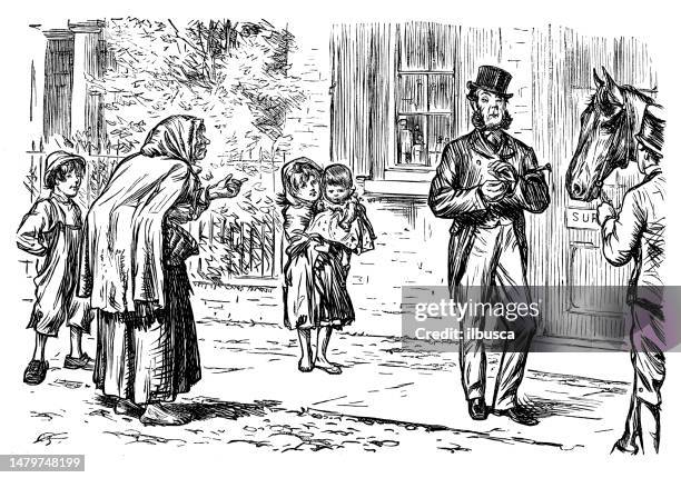 british satire caricature comic cartoon illustration - starving children drawing stock illustrations