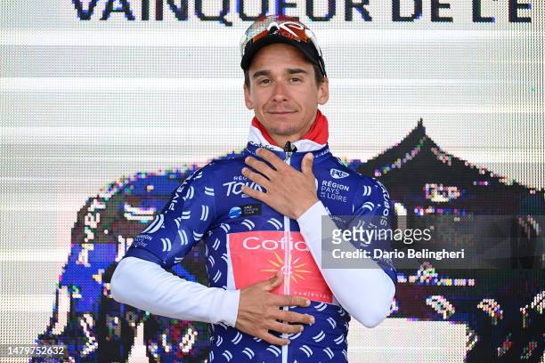 Bryan Coquard of France and Team Cofidis celebrates at podium as stage winner during the 1st Region Pays de la Loire Tour 2023, Stage 1 a 150.9km...
