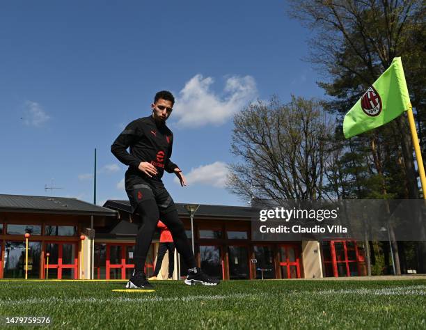 Ismael Bennacer of AC Milan in action during AC Milan training session at Milanello on April 04, 2023 in Cairate, Italy.