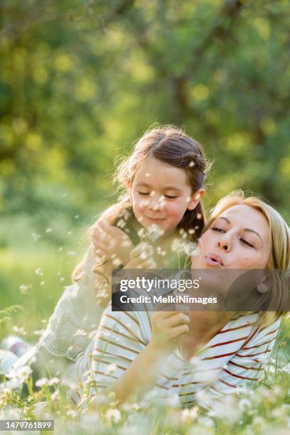 mother and child having fun blowing dandelion seeds - leisure equipment stock pictures, royalty-free photos & images