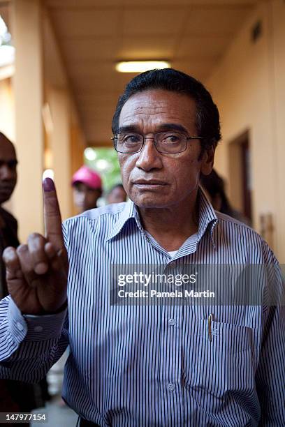 Leader of the Fretilin Party Francisco Guterres, popularly known as La Olo casts his vote during Parliamentary Elections on July 7, 2012 in Dili,...