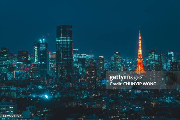 tokyo, japan skyline with the tokyo tower - japan sunrise stock pictures, royalty-free photos & images